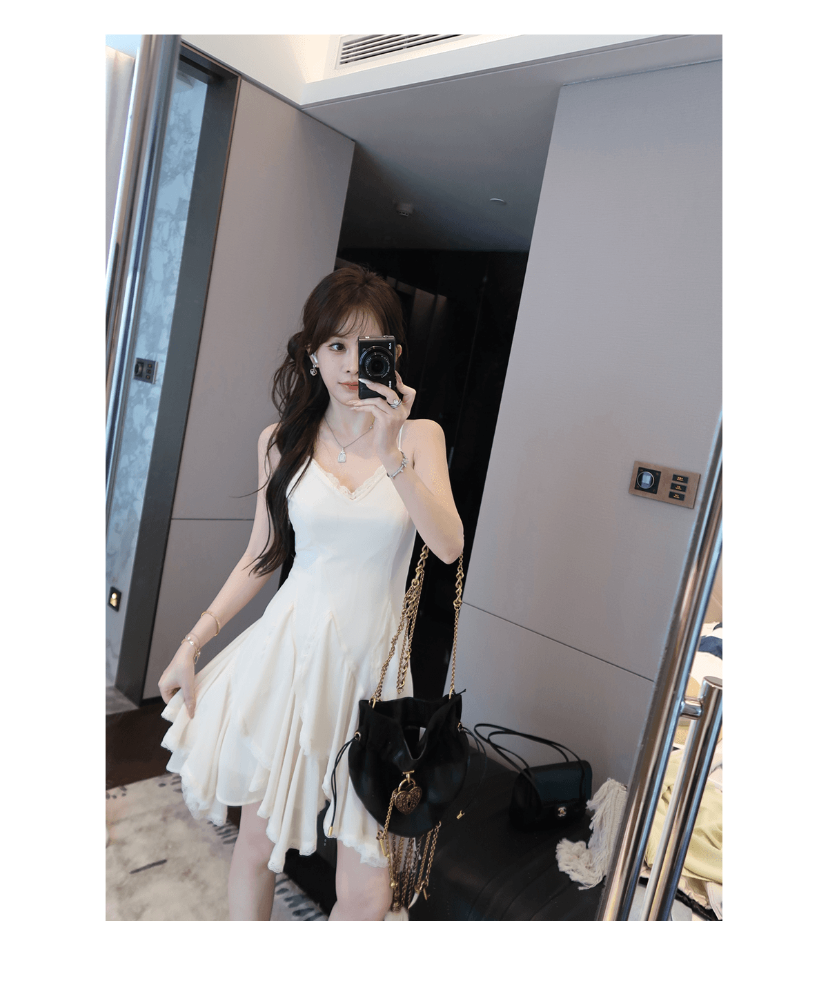 두꺼운 쉬폰 원단 네리 프랑스식 디자인 센스 불규칙 프릴 슬립 미니 스커트 여름 상세 이미지 2