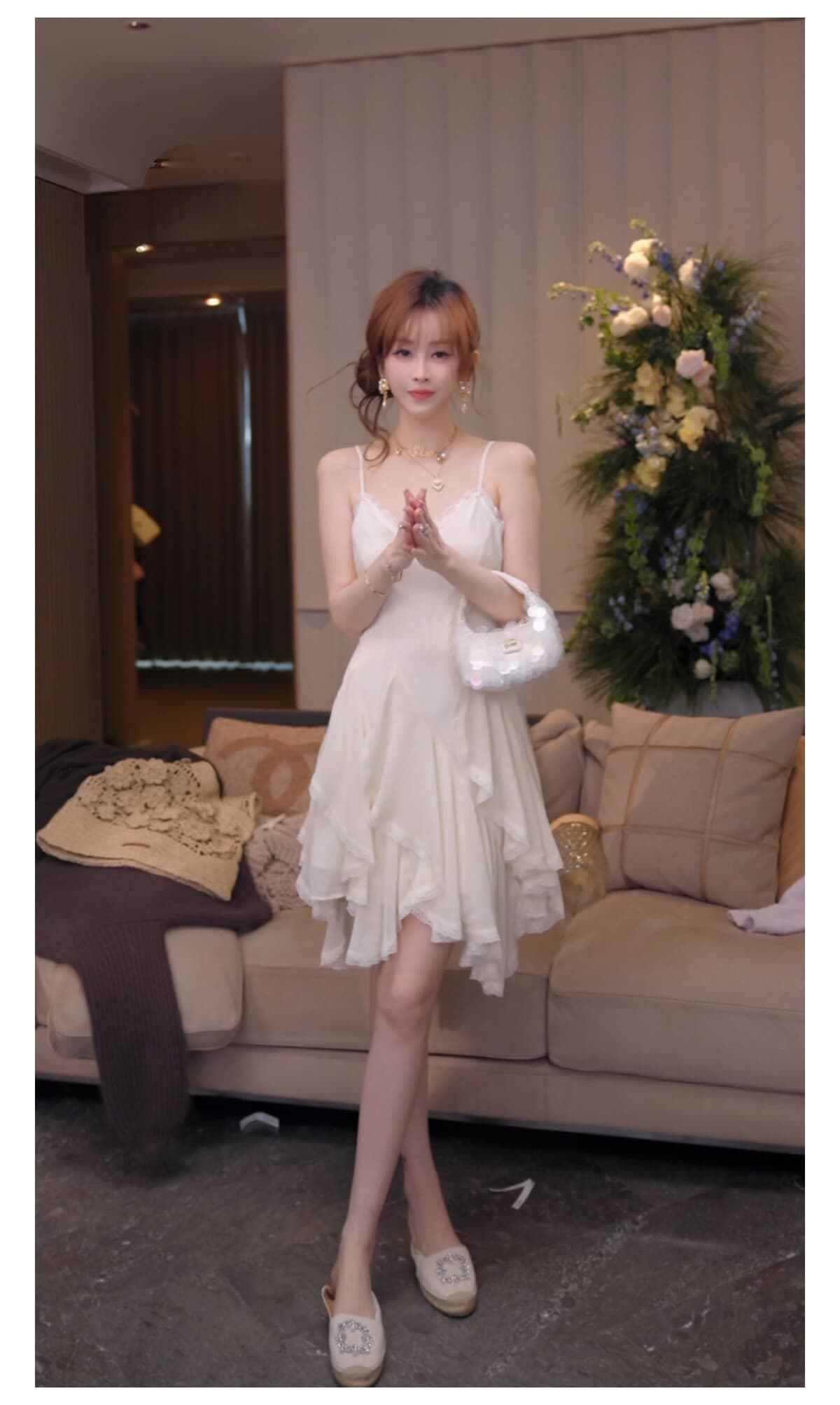 두꺼운 쉬폰 원단 네리 프랑스식 디자인 센스 불규칙 프릴 슬립 미니 스커트 여름 상세 이미지 23
