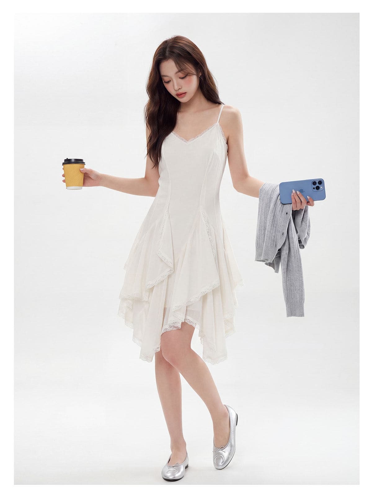 두꺼운 쉬폰 원단 네리 레이스 패치워크 디자인 센스 Tulle 슬립 여성 드레스 몸매 가꾸기 민소매 치마 상세 이미지 6