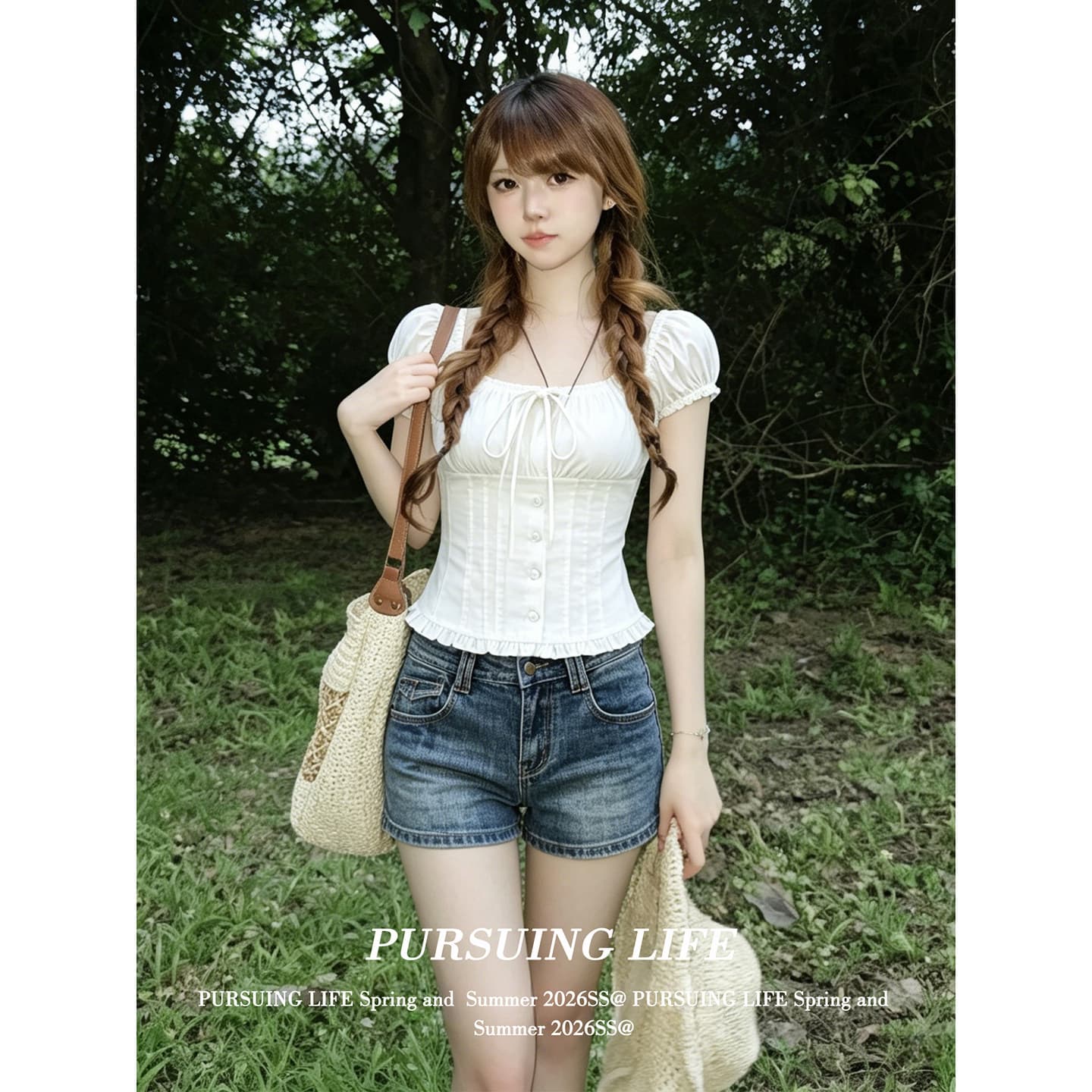 주간 실크 원단 참나무 늑골 조정 홀로우 아웃 광장 칼라 반팔 셔츠 여름 착용 가져 가라. 스트랩 거품 소매 허리 수축 맨위 이미지 5