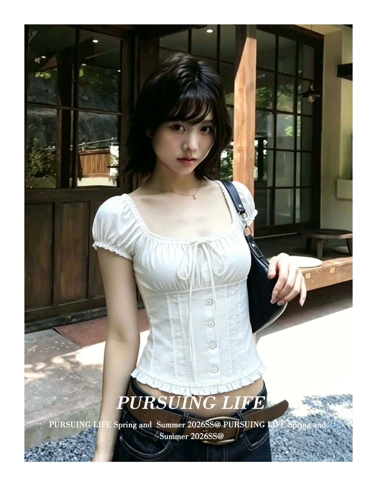 주간 실크 원단 참나무 늑골 조정 달콤함 화이트 홀로우 아웃 광장 칼라 반팔 셔츠 스트랩 거품 소매 슬림해 보이는 맨위 상세 이미지 3