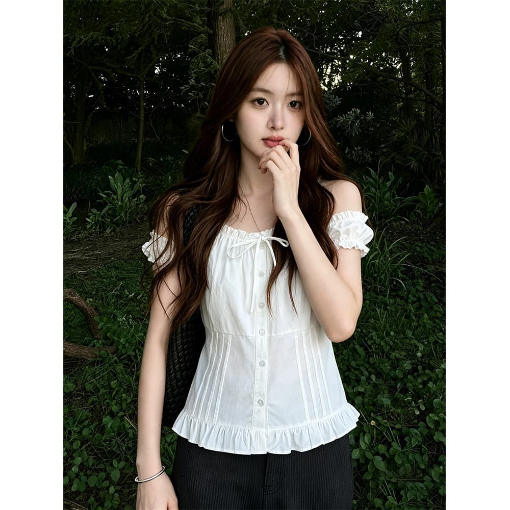 주간 실크 원단 참나무 늑골 조정 프랑스식 홀로우 아웃 광장 칼라 반팔 셔츠 허리 수축 몸매 가꾸기 슬림해 보이는 거품 소매 맨위 이미지 5
