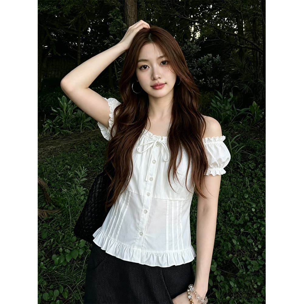 주간 실크 원단 참나무 늑골 조정 프랑스식 홀로우 아웃 광장 칼라 반팔 셔츠 허리 수축 몸매 가꾸기 슬림해 보이는 거품 소매 맨위 이미지 3