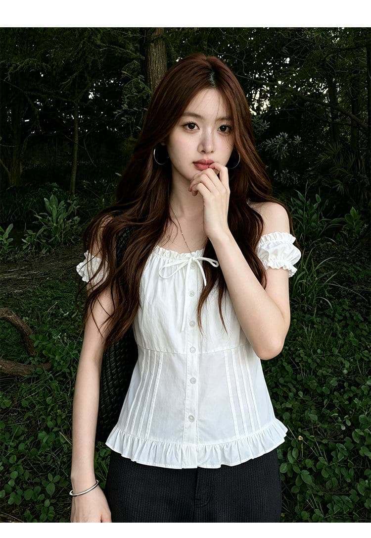 주간 실크 원단 참나무 늑골 조정 프랑스식 홀로우 아웃 광장 칼라 반팔 셔츠 허리 수축 몸매 가꾸기 슬림해 보이는 거품 소매 맨위 상세 이미지 6