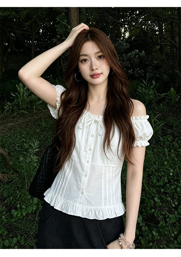 주간 실크 원단 참나무 늑골 조정 프랑스식 홀로우 아웃 광장 칼라 반팔 셔츠 허리 수축 몸매 가꾸기 슬림해 보이는 거품 소매 맨위 상세 이미지 7