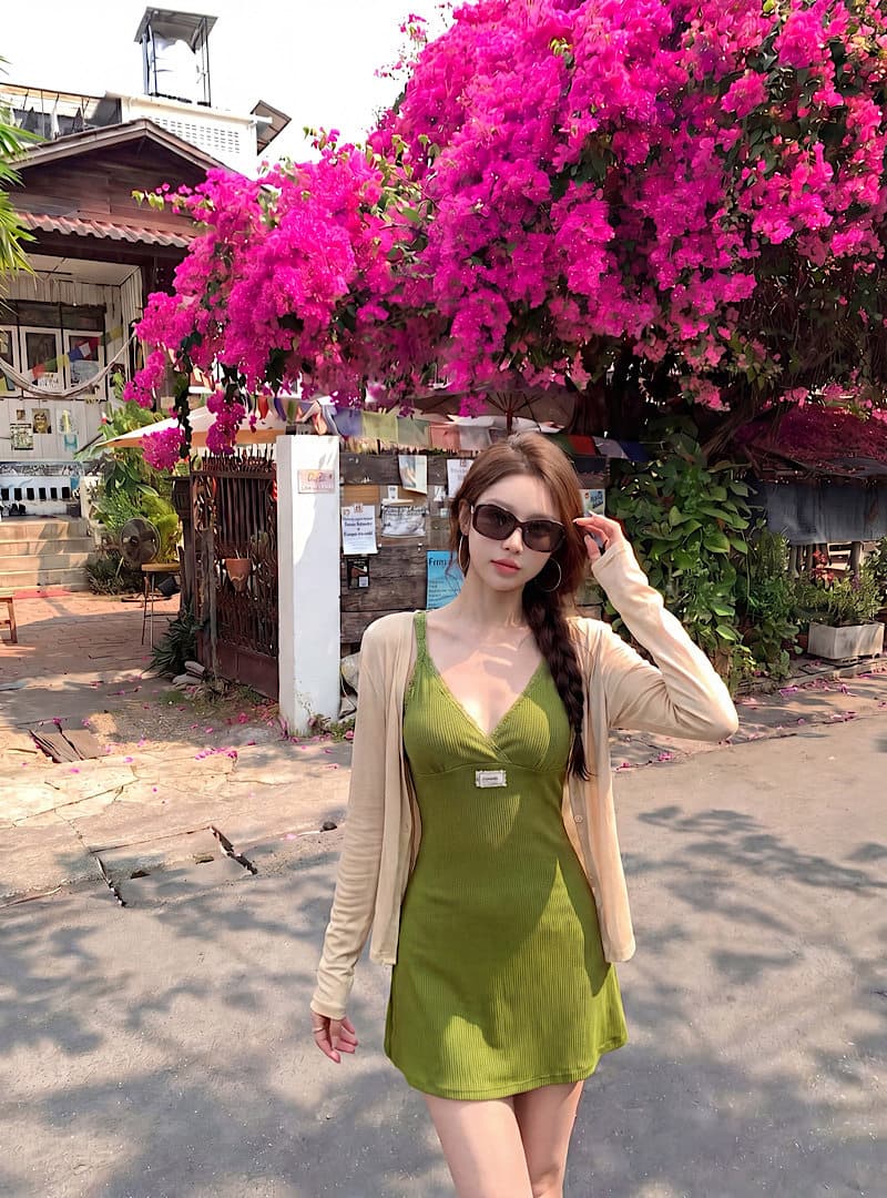 구덩이 기사 자카드 원단 가슴 패드 태국 사람 스타일 휴가 바람 녹색 슬립 드레스 작은 키 허리 수축 타이트 미니 스커트 섹시함 상세 이미지 6