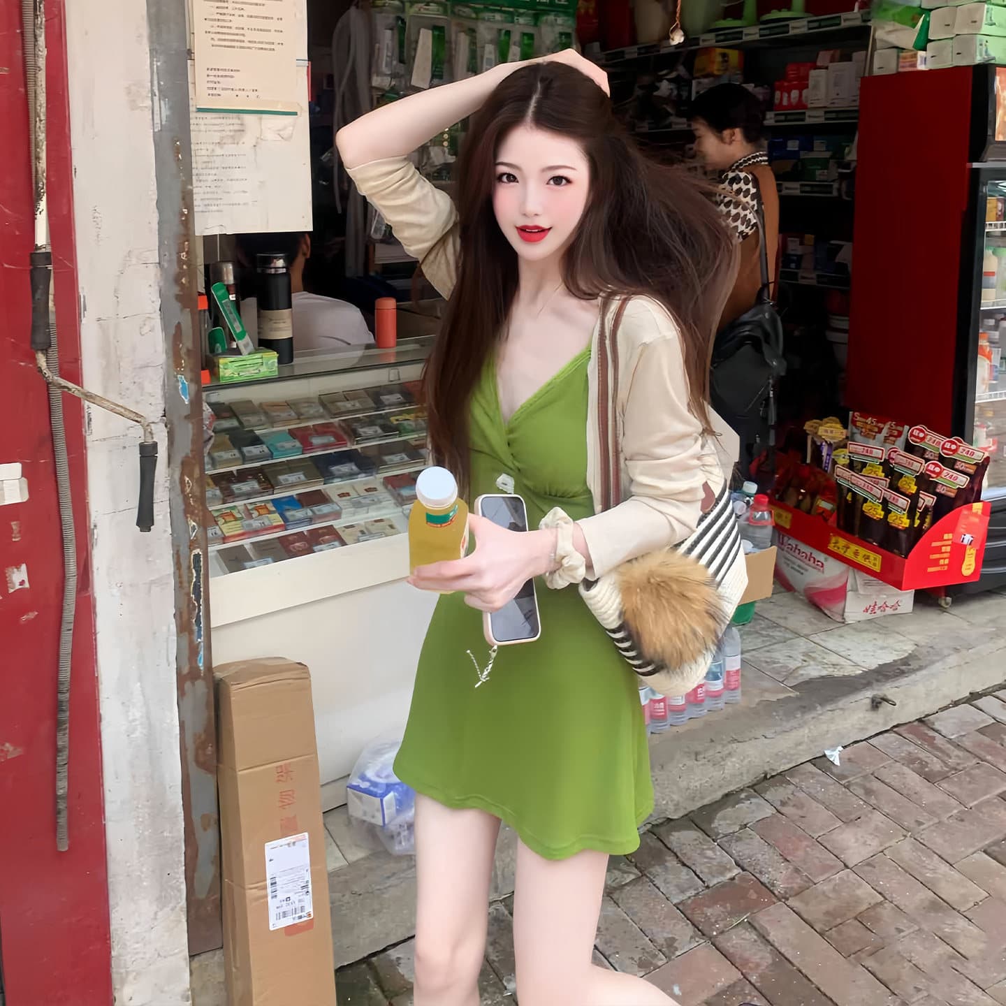 구덩이 기사 자카드 원단 가슴 패드 여름 요일 표시 화이트 버터 과일 녹색 슬립 드레스 핫걸 몸매 가꾸기 쇼트 스타일 타이트 스커트 이미지 3