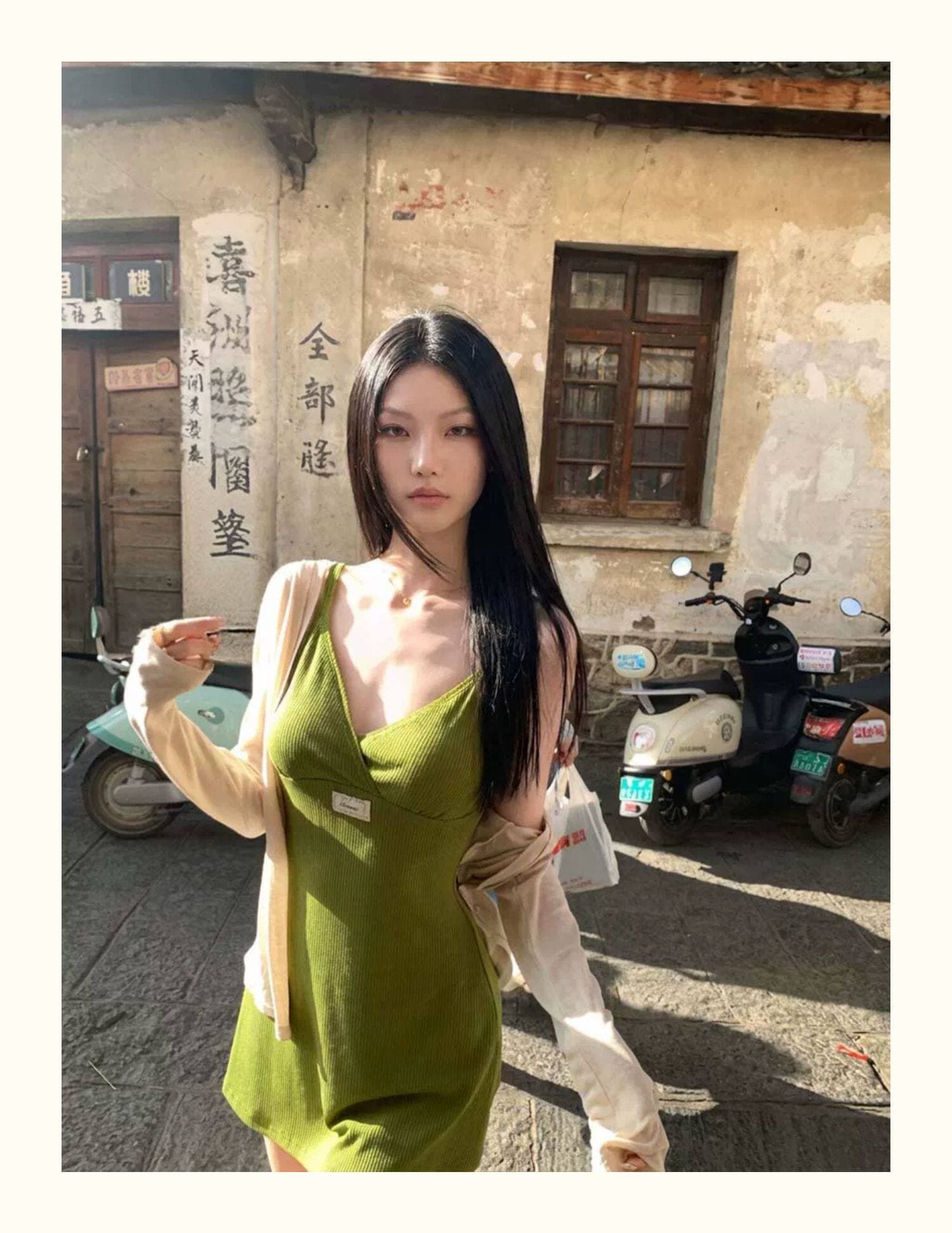 구덩이 기사 자카드 원단 가슴 패드 품격 순수한 욕망 바람 버터 과일 녹색 v 칼라 슬립 드레스 신축성 니트 몸매 가꾸기 상세 이미지 9