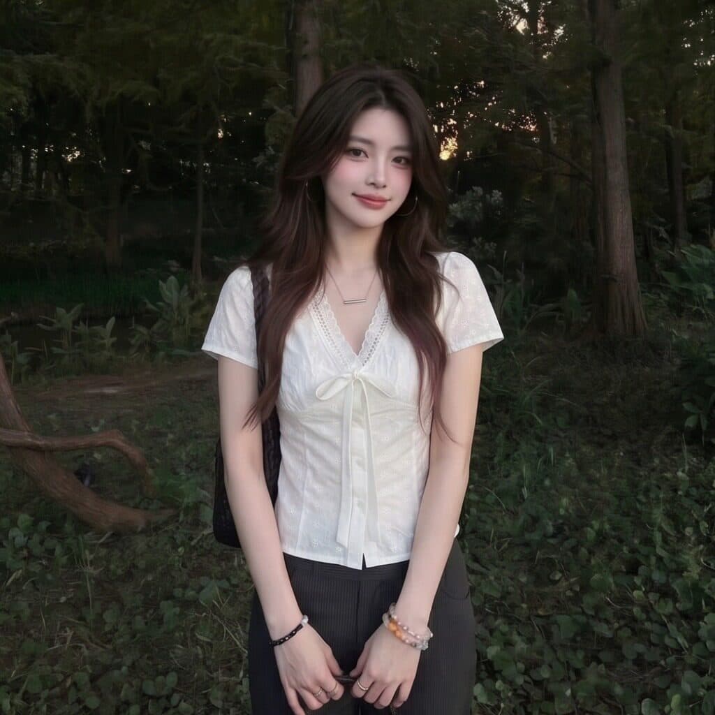 순면 자카드 원단 네리 신선함 순수한 욕망 레이스업 허리 수축 쇼트 스타일 홀로우 아웃 자수 슬림해 보이는 반팔 셔츠 이미지 3