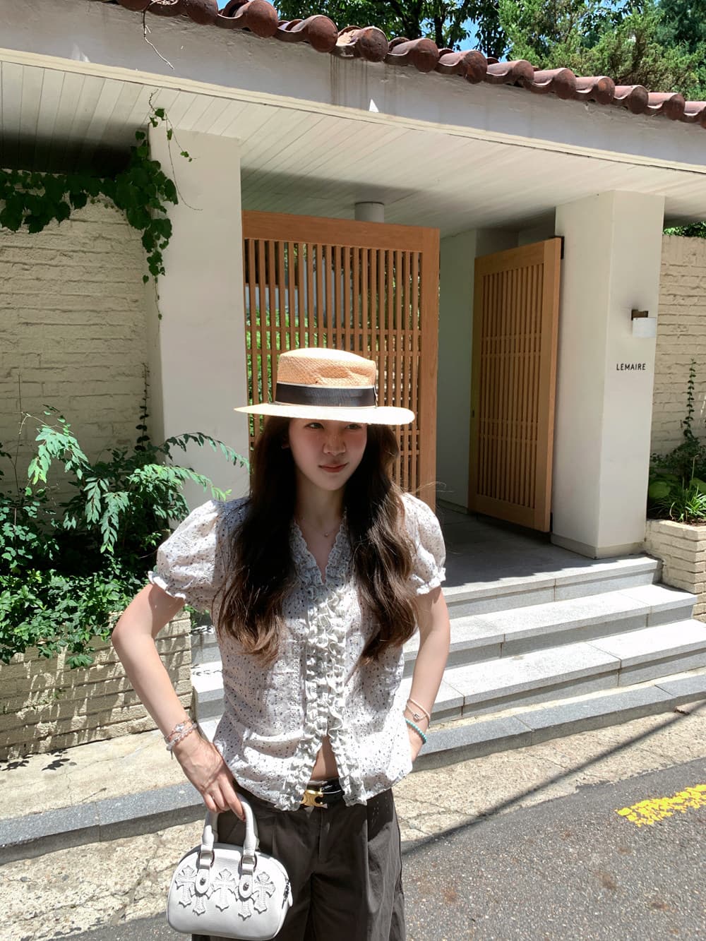 자카드 자수 원단 참나무 늑골 주름 프랑스식 꽃무늬 거품 소매 여성 셔츠 여름 v 칼라 작은 대중 맨위 상세 이미지 34