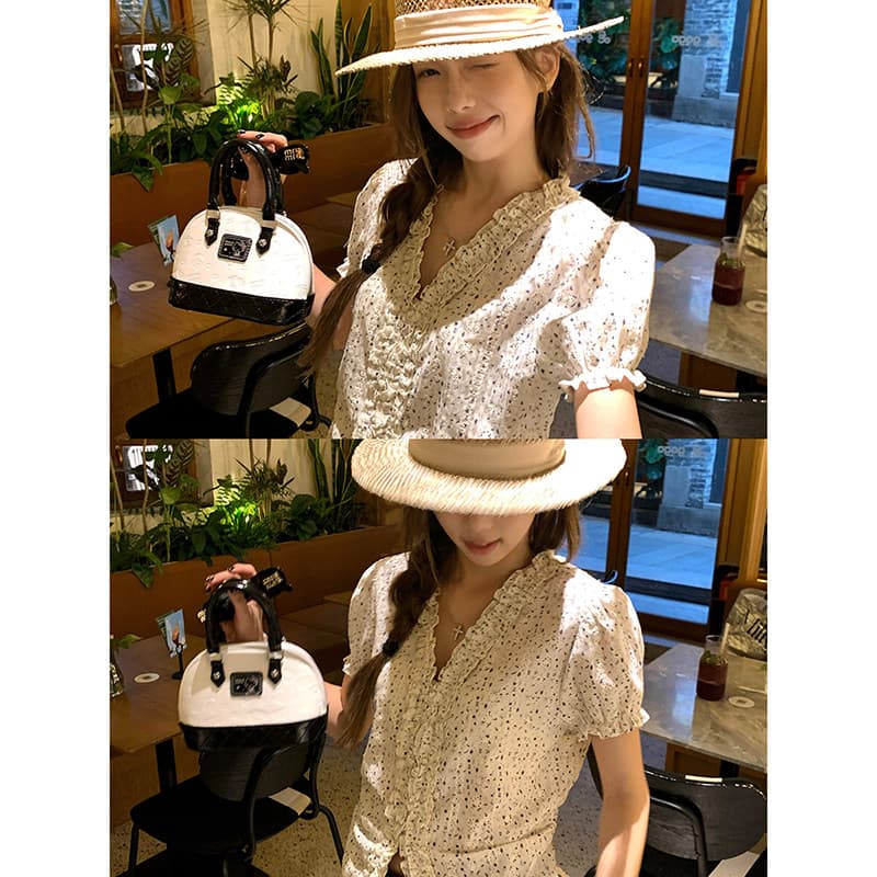 자카드 자수 원단 참나무 늑골 주름 신선함 꽃무늬 질감 반팔 맨위 여성 v 칼라 레이스 레이스 이미지 2
