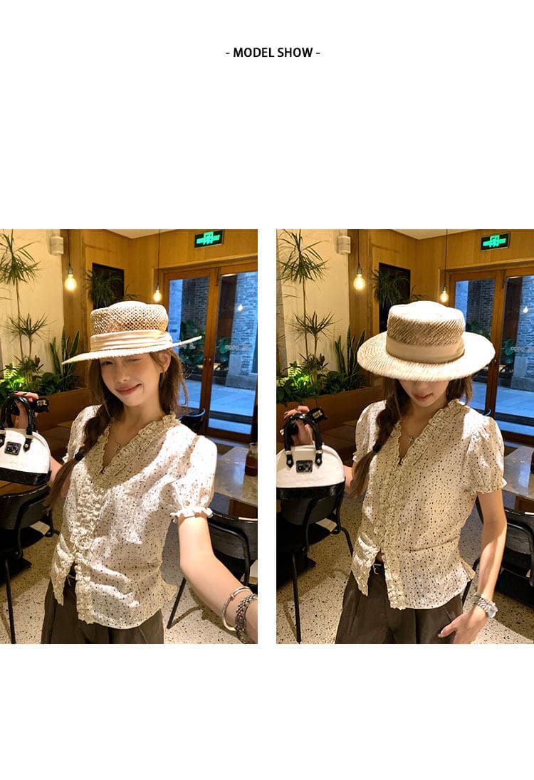 자카드 자수 원단 참나무 늑골 주름 신선함 꽃무늬 질감 반팔 맨위 여성 v 칼라 레이스 레이스 상세 이미지 3