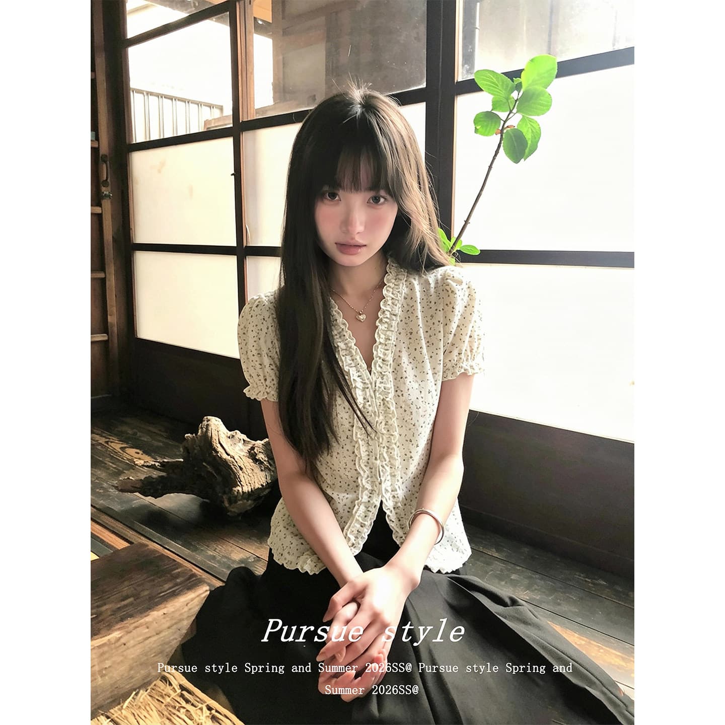 자카드 자수 원단 참나무 늑골 주름 크림 꽃무늬 v 칼라 반팔 셔츠 여성 레이스 레이스 거품 소매 이미지 2