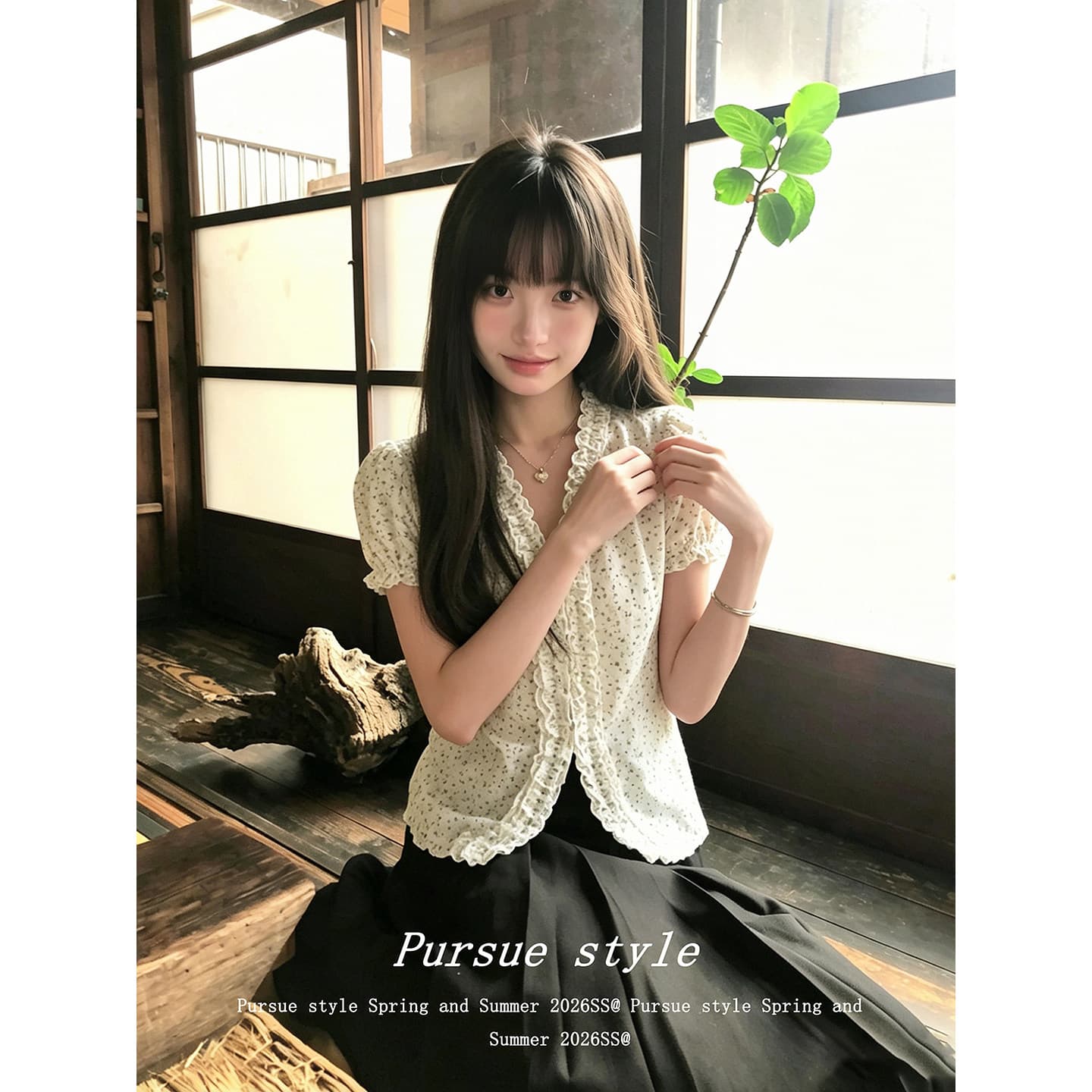 자카드 자수 원단 참나무 늑골 주름 크림 꽃무늬 v 칼라 반팔 셔츠 여성 레이스 레이스 거품 소매 이미지 4