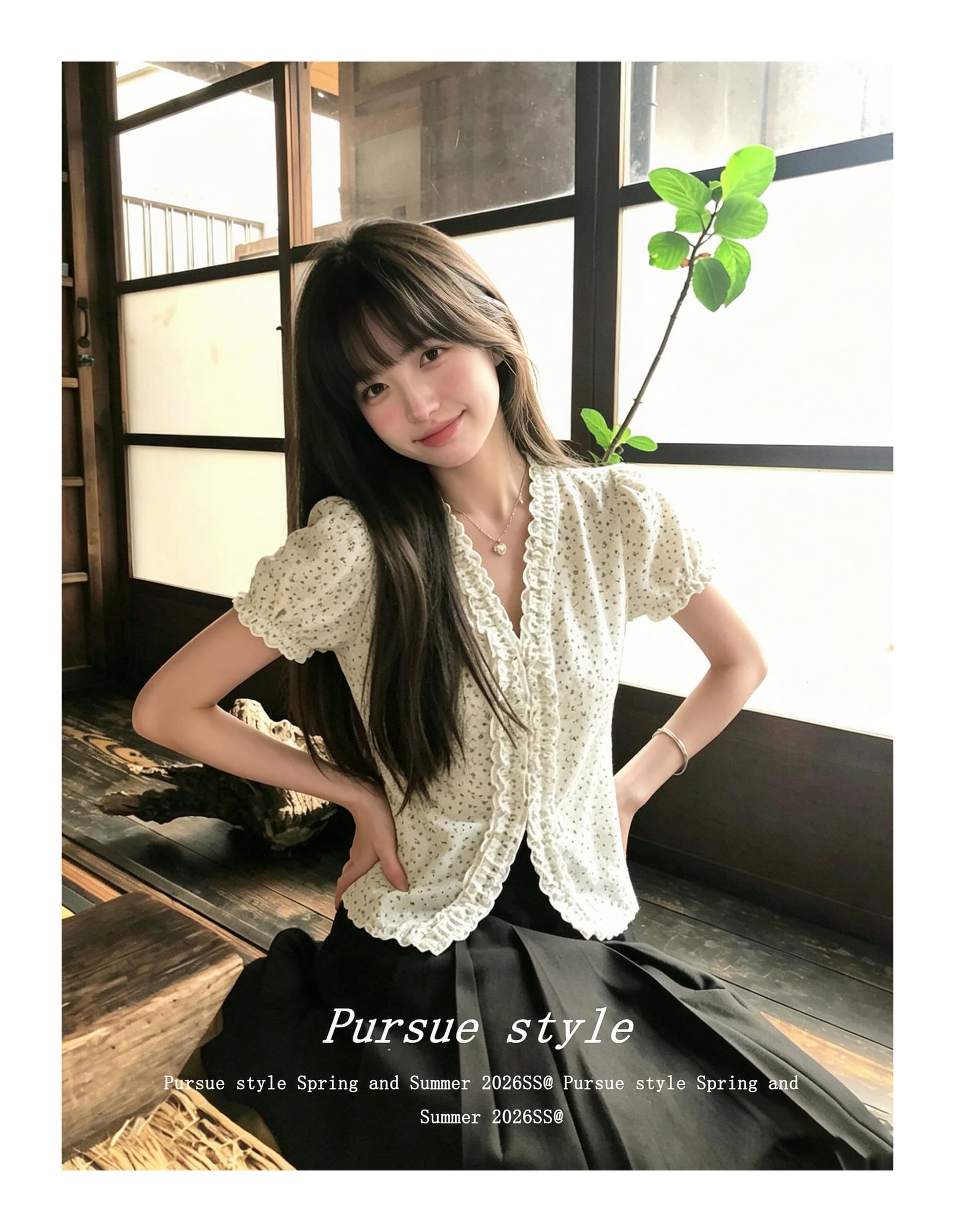 자카드 자수 원단 참나무 늑골 주름 크림 꽃무늬 v 칼라 반팔 셔츠 여성 레이스 레이스 거품 소매 상세 이미지 6