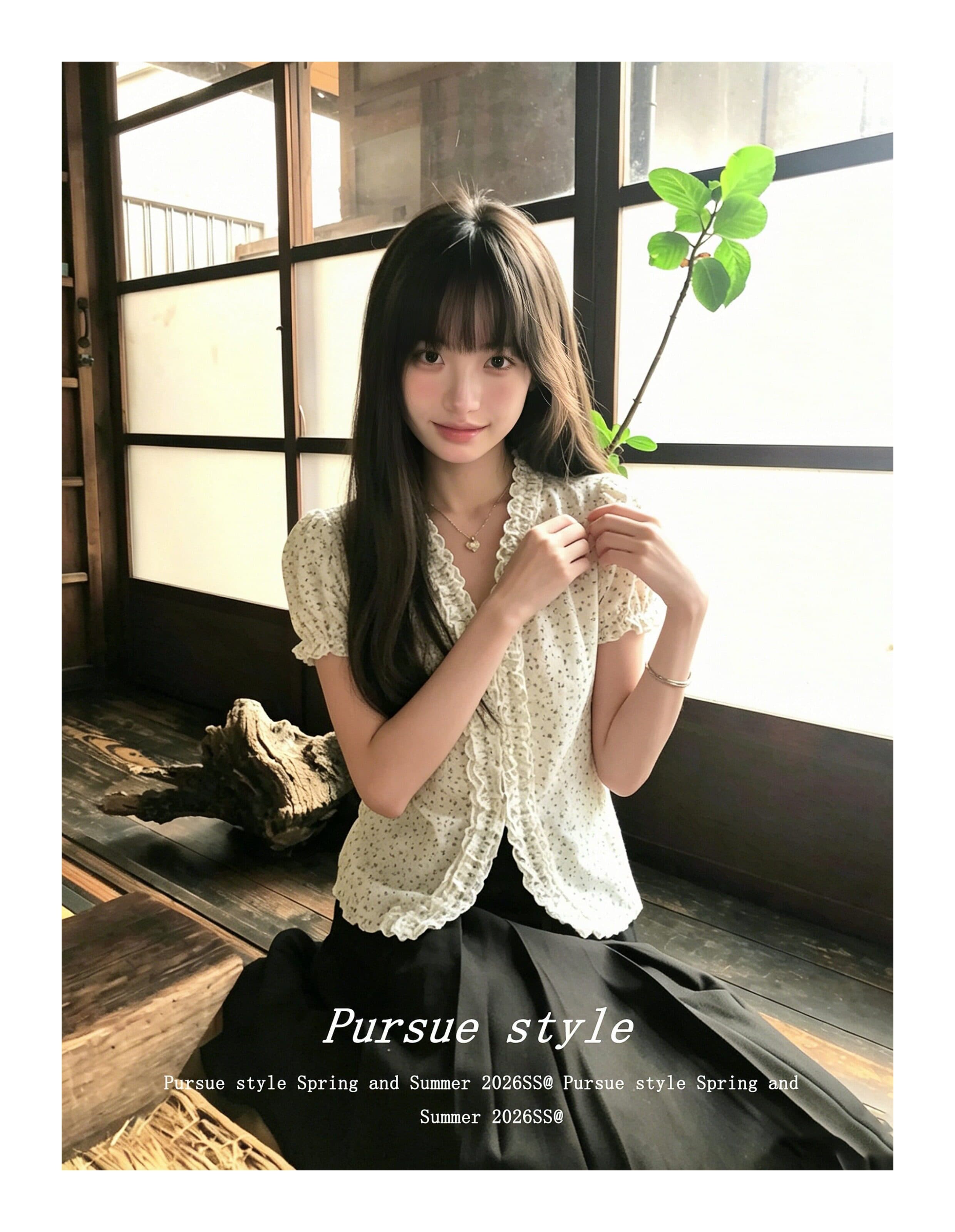 자카드 자수 원단 참나무 늑골 주름 크림 꽃무늬 v 칼라 반팔 셔츠 여성 레이스 레이스 거품 소매 상세 이미지 7