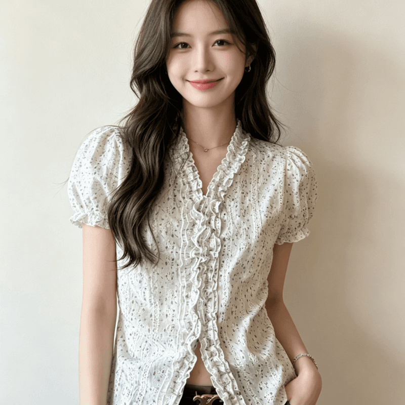 자카드 자수 원단 참나무 늑골 주름 부드러운 부서 꽃무늬 허리 수축 여성 셔츠 여름 프릴 v 칼라 이미지 2
