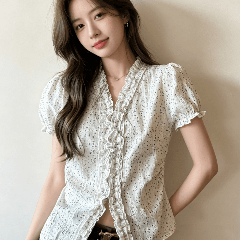 자카드 자수 원단 참나무 늑골 주름 부드러운 부서 꽃무늬 허리 수축 여성 셔츠 여름 프릴 v 칼라 이미지 4