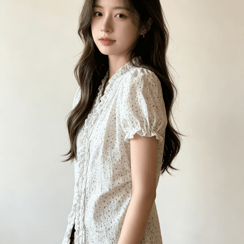 자카드 자수 원단 참나무 늑골 주름 부드러운 부서 꽃무늬 허리 수축 여성 셔츠 여름 프릴 v 칼라 이미지 3