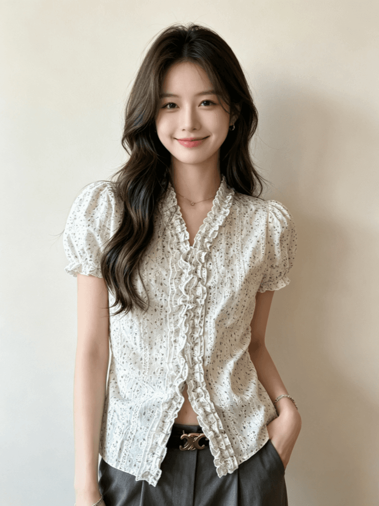자카드 자수 원단 참나무 늑골 주름 부드러운 부서 꽃무늬 허리 수축 여성 셔츠 여름 프릴 v 칼라 상세 이미지 3