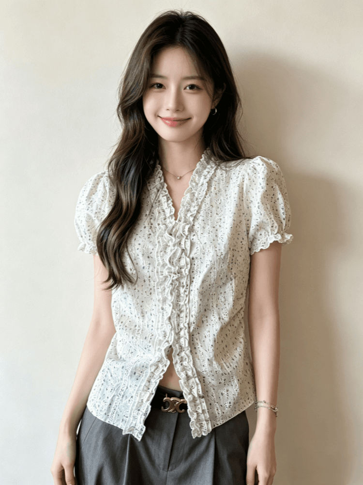 자카드 자수 원단 참나무 늑골 주름 부드러운 부서 꽃무늬 허리 수축 여성 셔츠 여름 프릴 v 칼라 상세 이미지 4