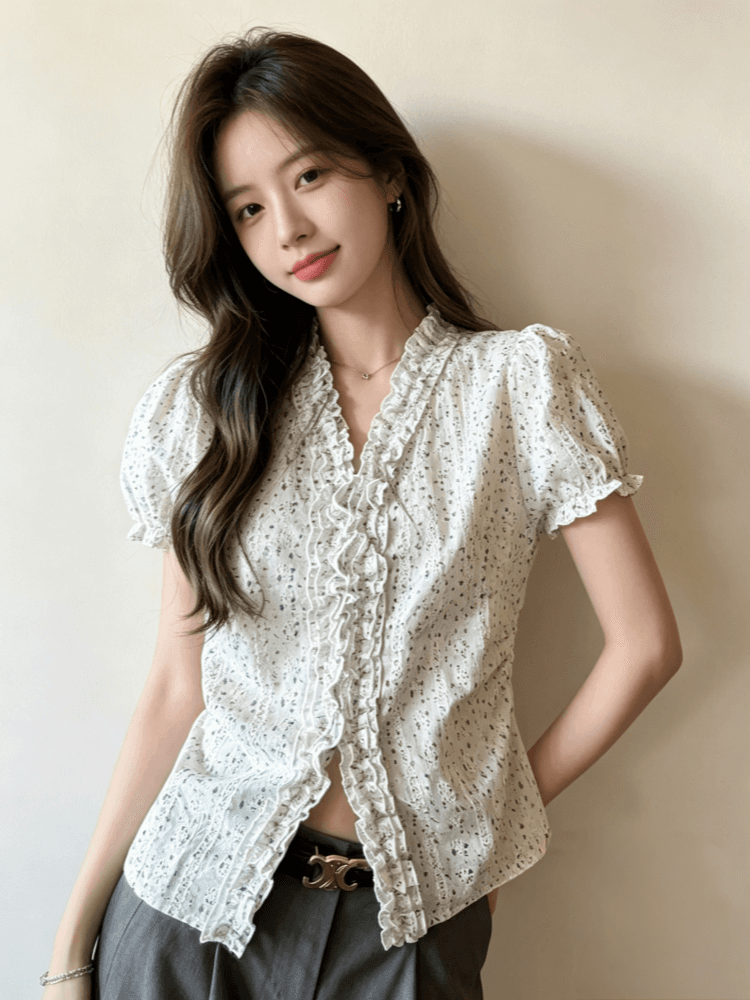 자카드 자수 원단 참나무 늑골 주름 부드러운 부서 꽃무늬 허리 수축 여성 셔츠 여름 프릴 v 칼라 상세 이미지 5