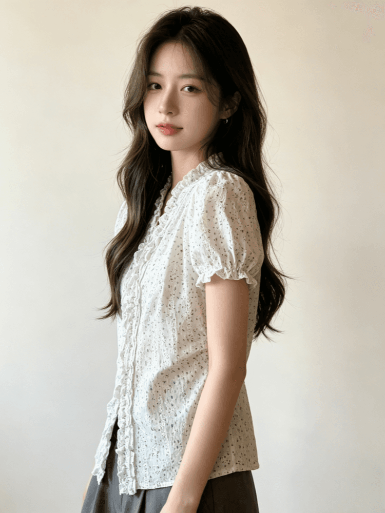 자카드 자수 원단 참나무 늑골 주름 부드러운 부서 꽃무늬 허리 수축 여성 셔츠 여름 프릴 v 칼라 상세 이미지 6