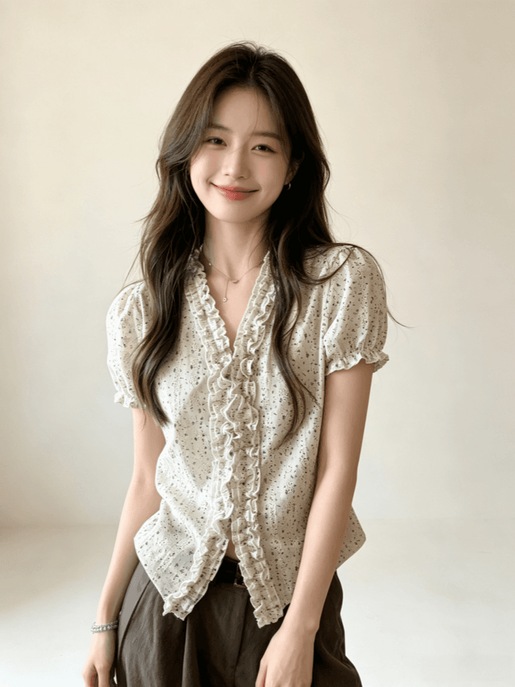 자카드 자수 원단 참나무 늑골 주름 부드러운 부서 꽃무늬 허리 수축 여성 셔츠 여름 프릴 v 칼라 상세 이미지 7