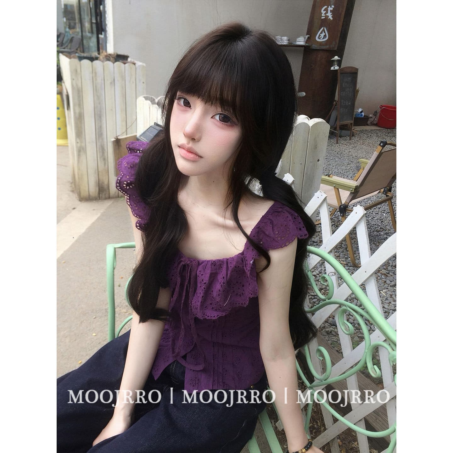 순면 자카드 원단 네리 명중 가져 가라. 작은 대중 둘 색상 오프숄더 프릴 자수 허리 수축 조끼 이미지 5
