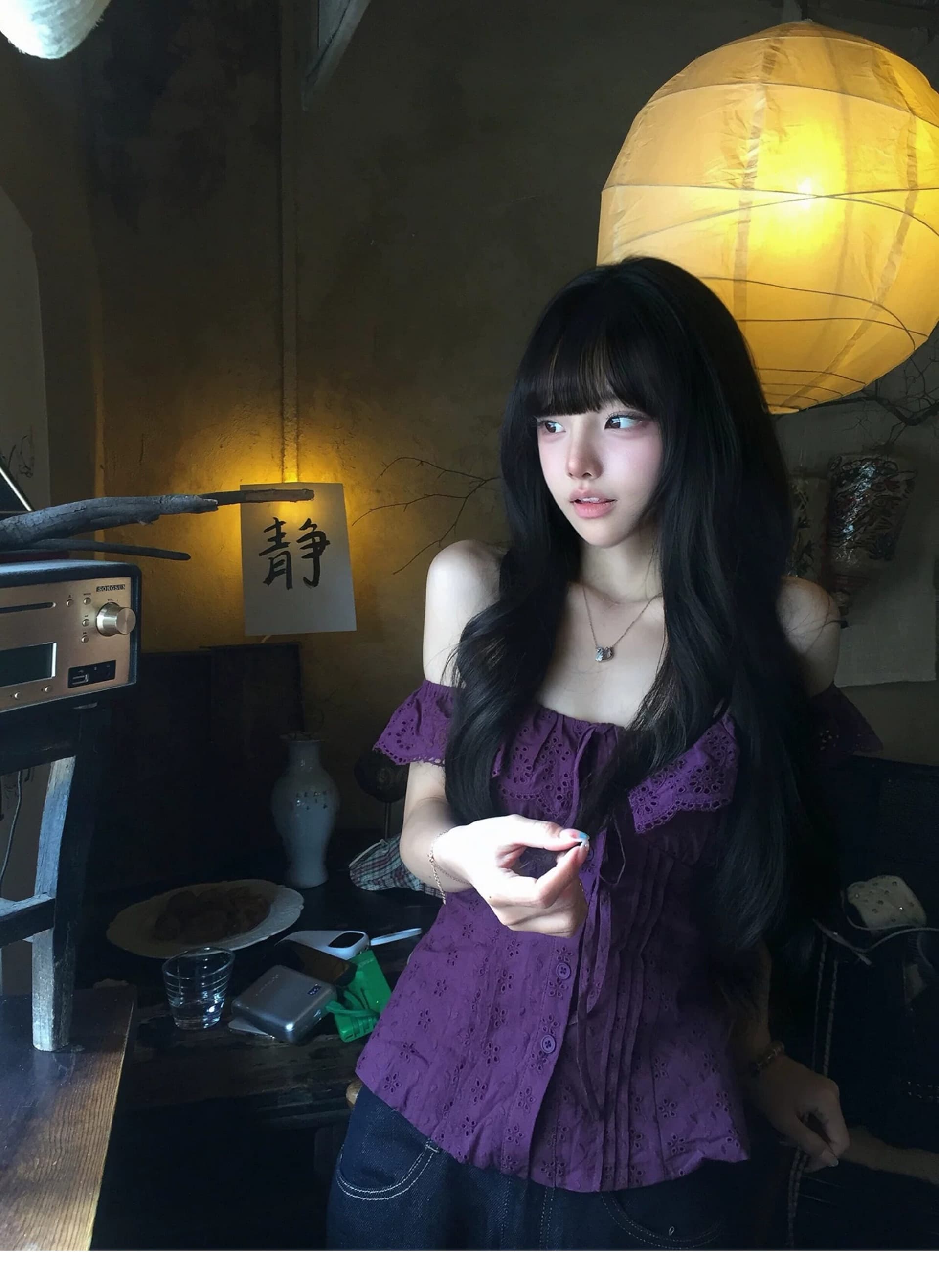 순면 자카드 원단 네리 명중 가져 가라. 작은 대중 둘 색상 오프숄더 프릴 자수 허리 수축 조끼 상세 이미지 2