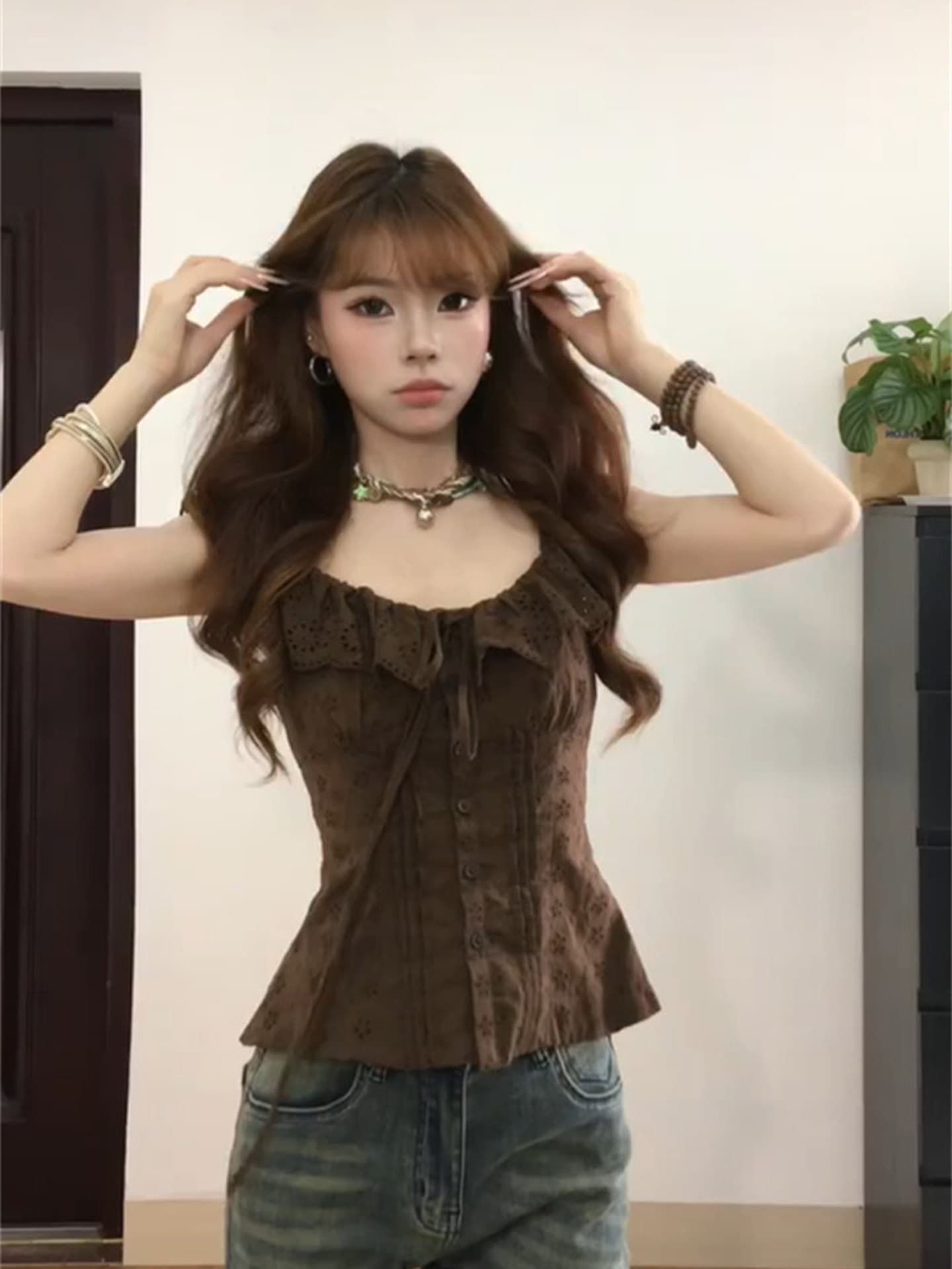 순면 자카드 원단 네리 명중 가져 가라. 몸매 가꾸기 둘 색상 오프숄더 홀로우 아웃 자수 스트랩 작은 조끼 상세 이미지 6