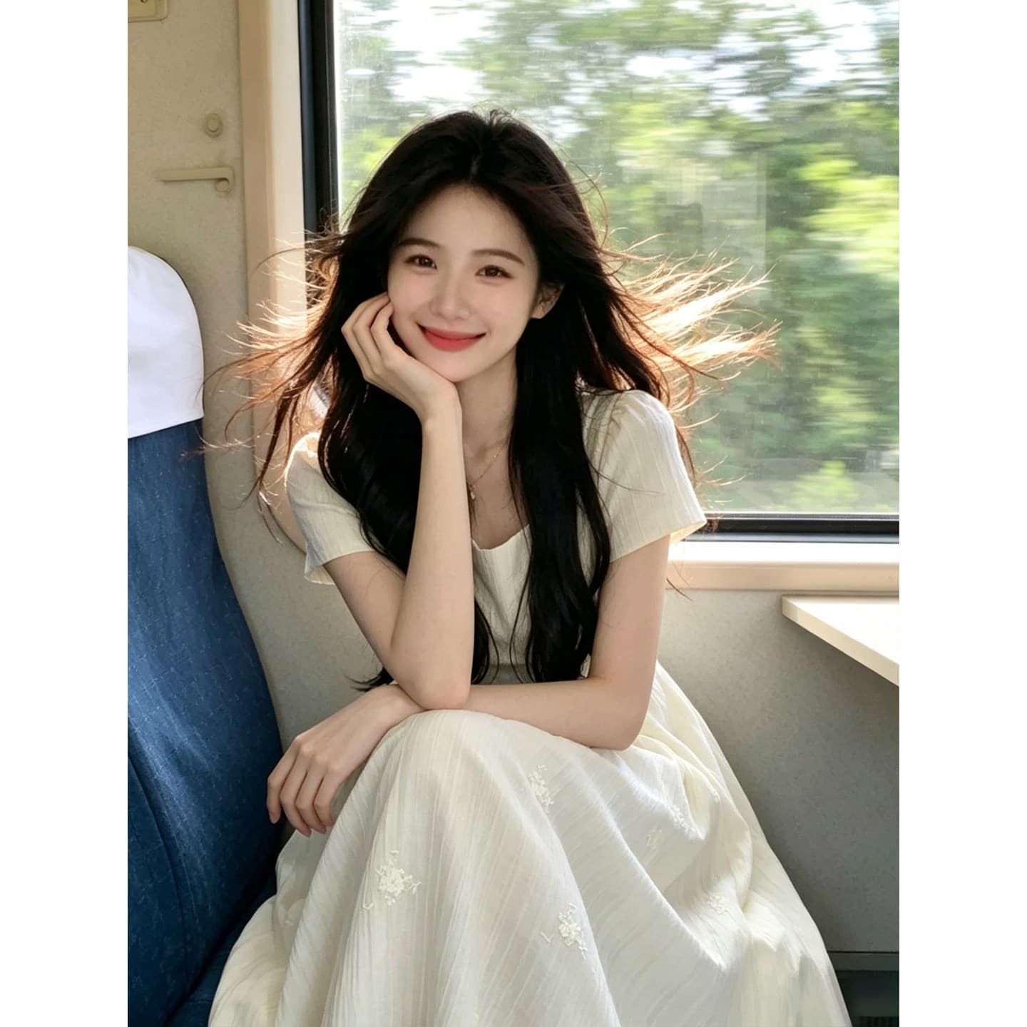 주간 실크 자수 원단 네리 프랑스식 부드러운 질감 반팔 광장 칼라 3 차원 꽃 하이웨이스트 표지 고기 드레스 이미지 2