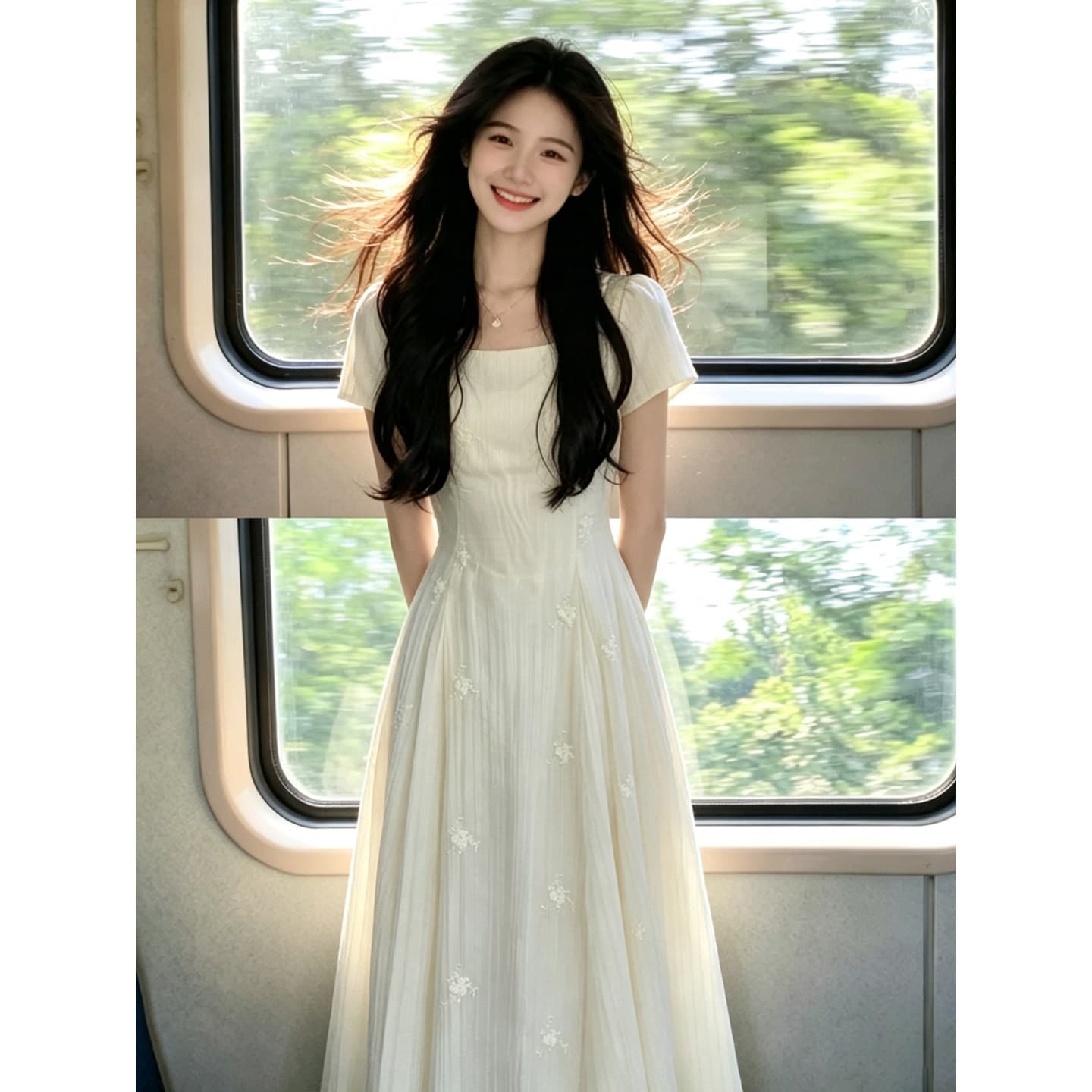 주간 실크 자수 원단 네리 프랑스식 부드러운 질감 반팔 광장 칼라 3 차원 꽃 하이웨이스트 표지 고기 드레스 이미지 4