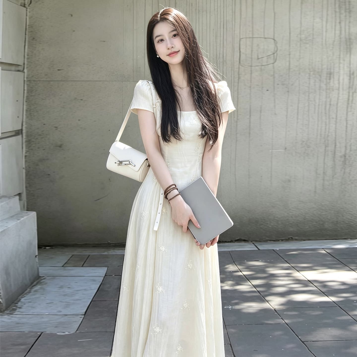 주간 실크 자수 원단 네리 여름 분위기 센스 살구 색상 광장 칼라 3 차원 자수 뒤로 스트랩 롱 코트 치마