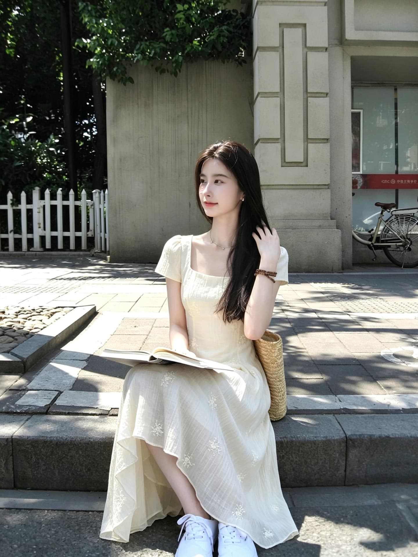 주간 실크 자수 원단 네리 여름 분위기 센스 살구 색상 광장 칼라 3 차원 자수 뒤로 스트랩 롱 코트 치마 상세 이미지 6
