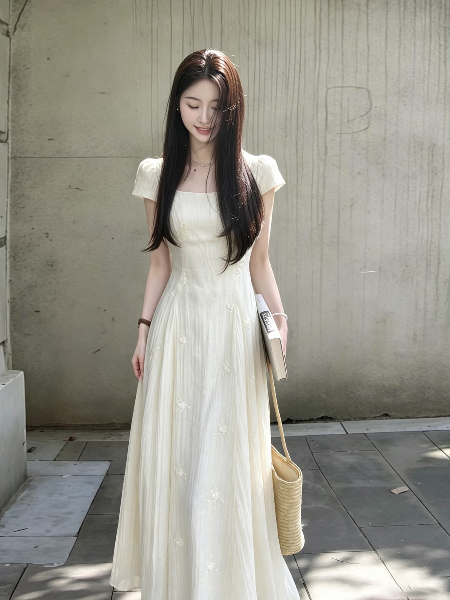 주간 실크 자수 원단 네리 여름 분위기 센스 살구 색상 광장 칼라 3 차원 자수 뒤로 스트랩 롱 코트 치마 상세 이미지 7