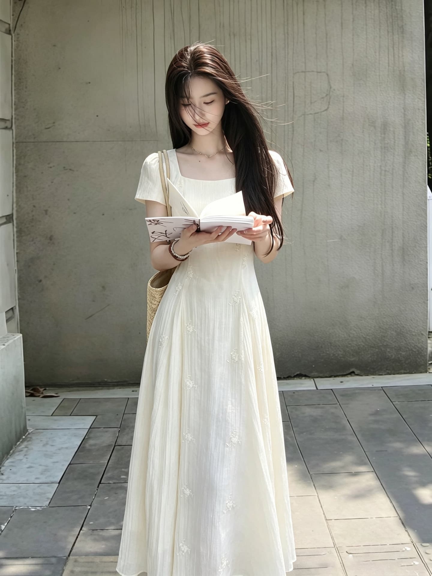 주간 실크 자수 원단 네리 여름 분위기 센스 살구 색상 광장 칼라 3 차원 자수 뒤로 스트랩 롱 코트 치마 상세 이미지 10