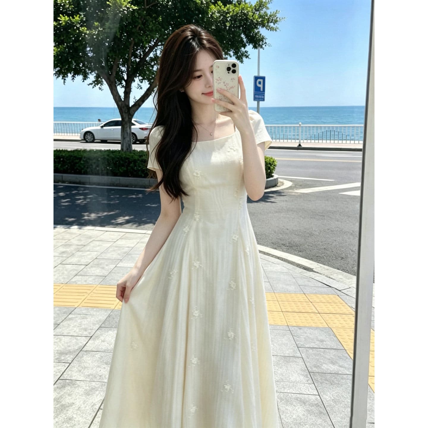 주간 실크 자수 원단 네리 프랑스식 차 휴식 살구 색상 광장 칼라 3 차원 꽃 허리 수축 레이스업 표지 넓적 다리 빅 플레어 스커트 이미지 3