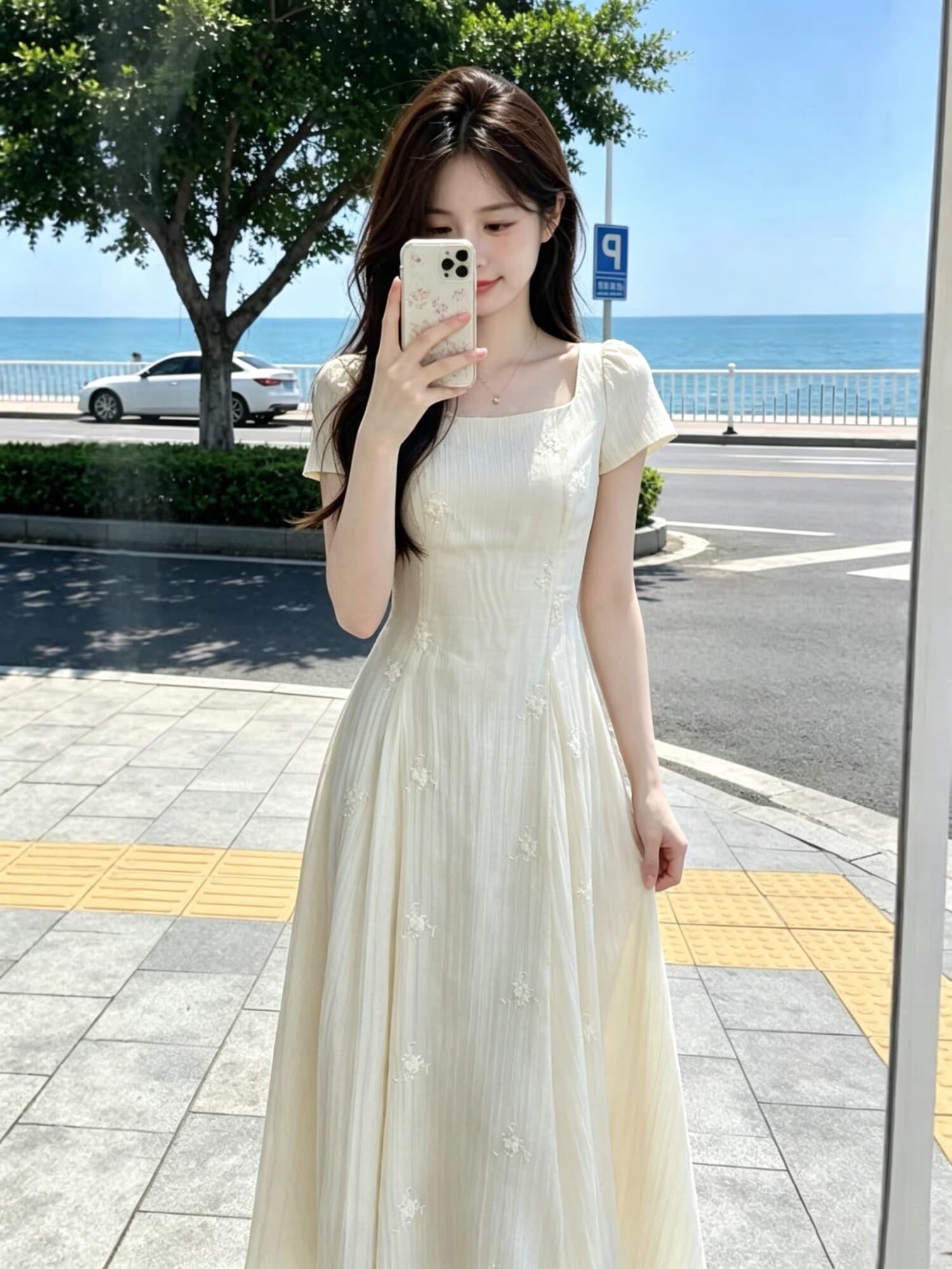 주간 실크 자수 원단 네리 프랑스식 차 휴식 살구 색상 광장 칼라 3 차원 꽃 허리 수축 레이스업 표지 넓적 다리 빅 플레어 스커트 상세 이미지 5