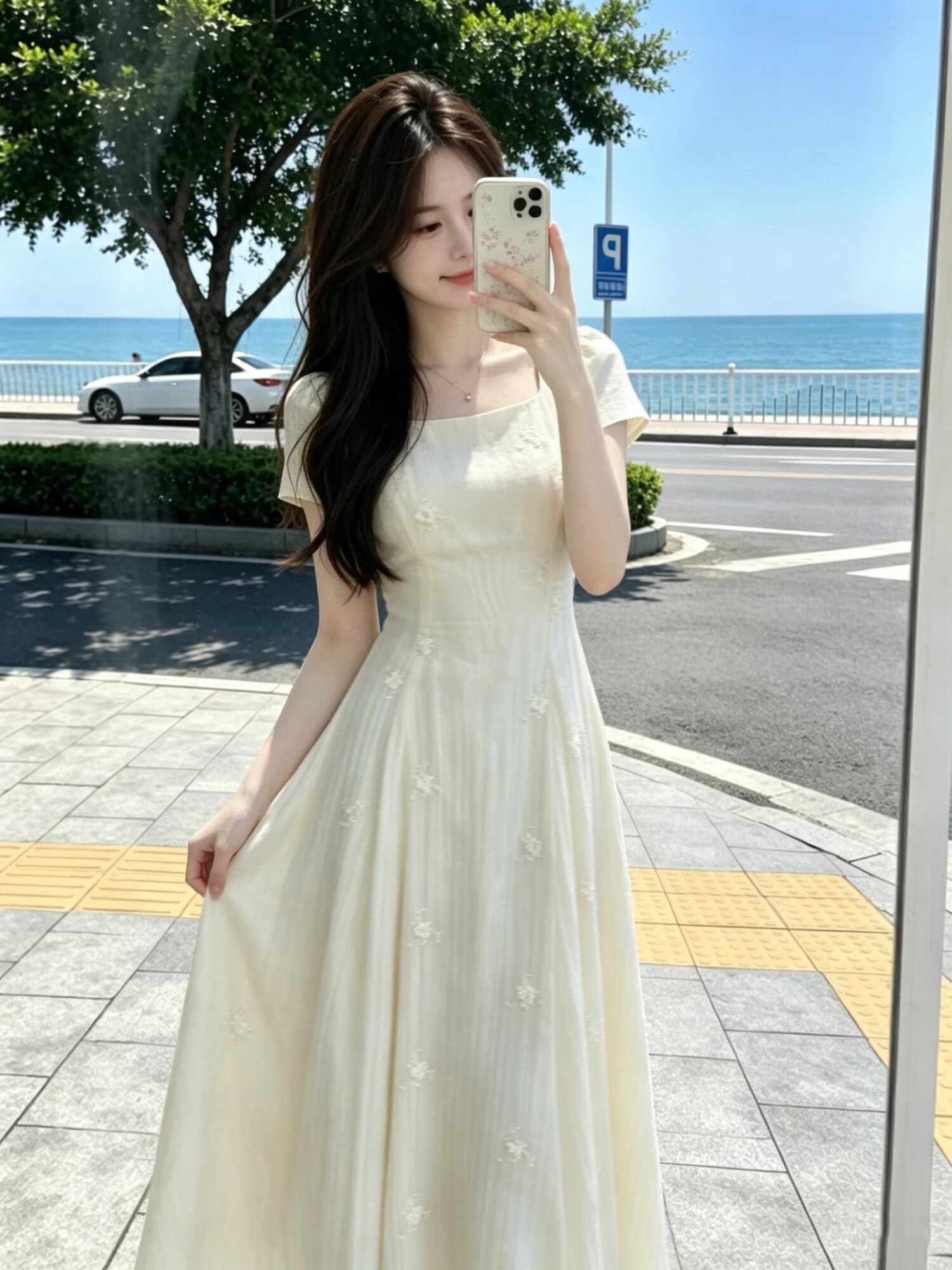 주간 실크 자수 원단 네리 프랑스식 차 휴식 살구 색상 광장 칼라 3 차원 꽃 허리 수축 레이스업 표지 넓적 다리 빅 플레어 스커트 상세 이미지 6