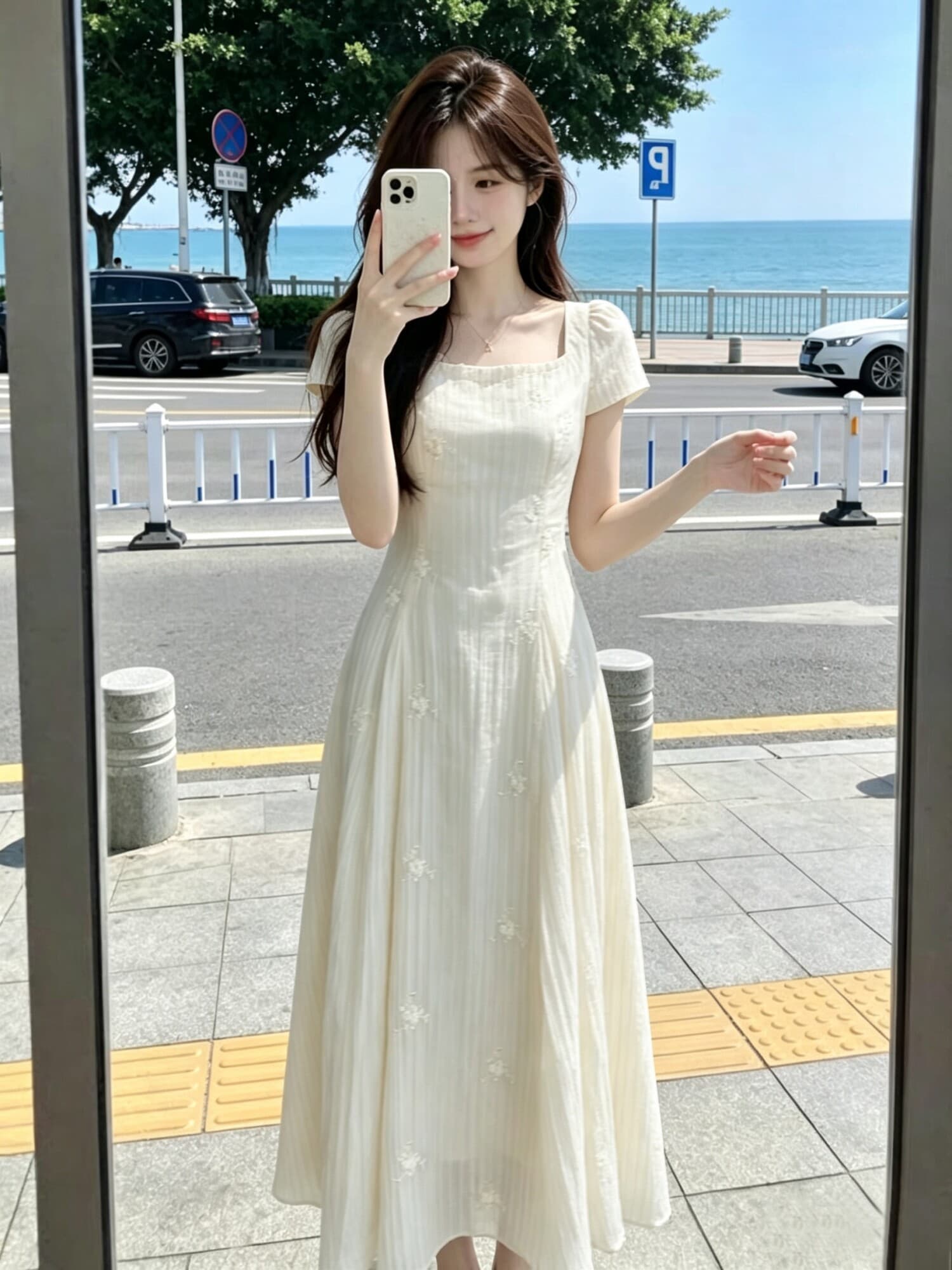 주간 실크 자수 원단 네리 프랑스식 차 휴식 살구 색상 광장 칼라 3 차원 꽃 허리 수축 레이스업 표지 넓적 다리 빅 플레어 스커트 상세 이미지 8