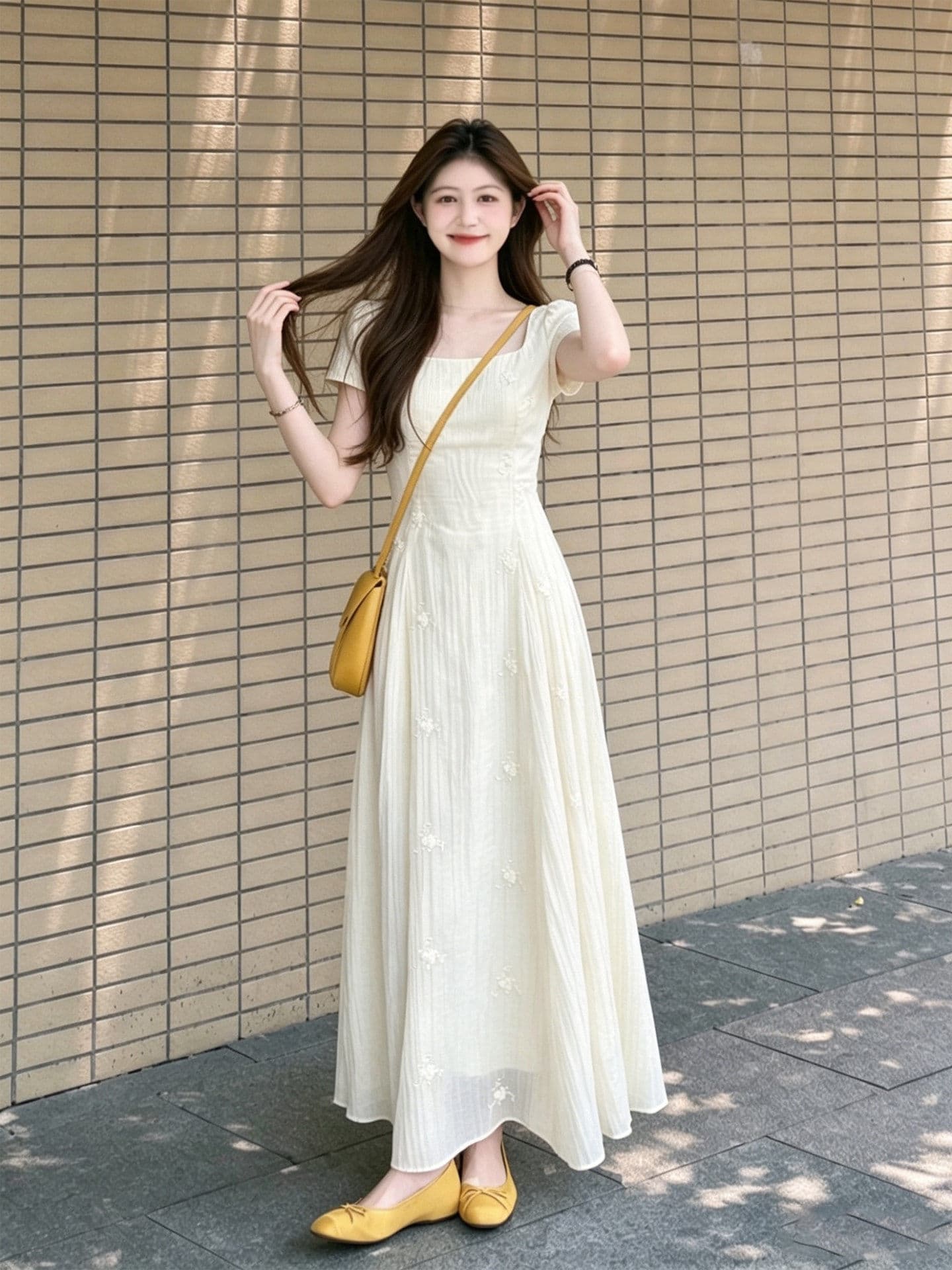 주간 실크 자수 원단 네리 고급 질감 센스 광장 칼라 3 차원 작은 꽃 뒤로 레이스업 부드러운 출퇴근 롱 스커트 상세 이미지 6