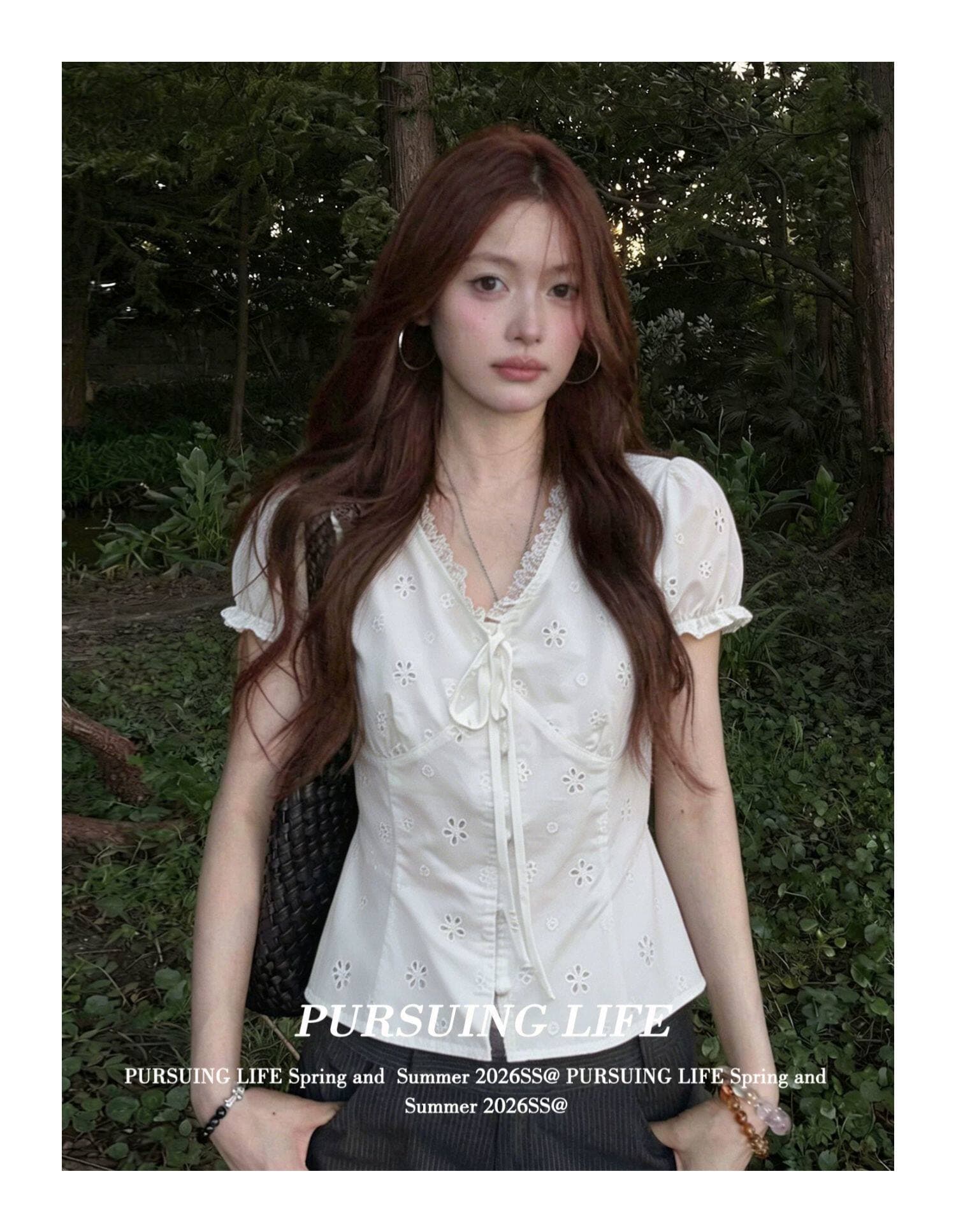 자카드 순면 원단 네리 소녀 센스 스트랩 레이스 레이스 자수 작은 꽃 허리 수축 거품 소매 맨위 상세 이미지 2