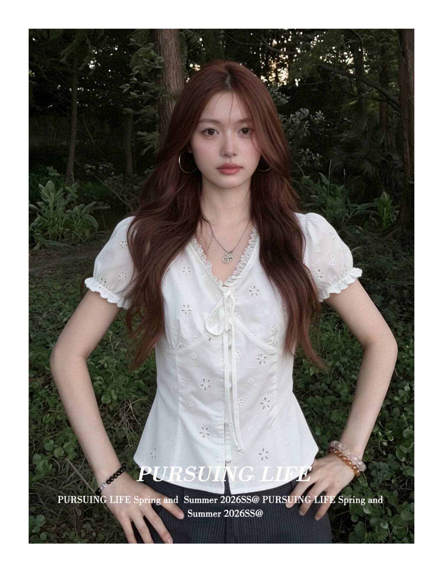 자카드 순면 원단 네리 소녀 센스 스트랩 레이스 레이스 자수 작은 꽃 허리 수축 거품 소매 맨위 상세 이미지 5