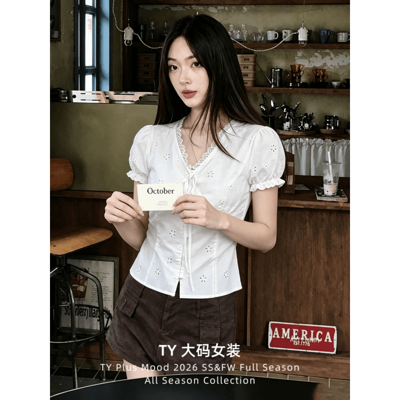 자카드 순면 원단 네리 잘 행동 한 부드러운 자매 홀로우 아웃 자수 레이스 레이스 거품 소매 몸매 가꾸기 짧은 맨위
