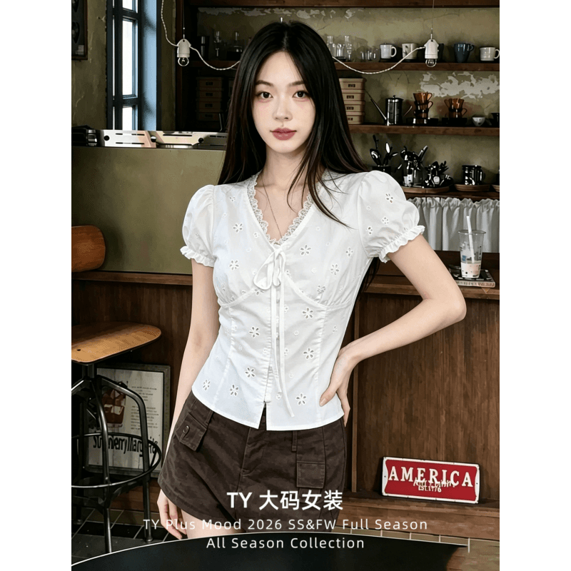 자카드 순면 원단 네리 잘 행동 한 부드러운 자매 홀로우 아웃 자수 레이스 레이스 거품 소매 몸매 가꾸기 짧은 맨위 이미지 4