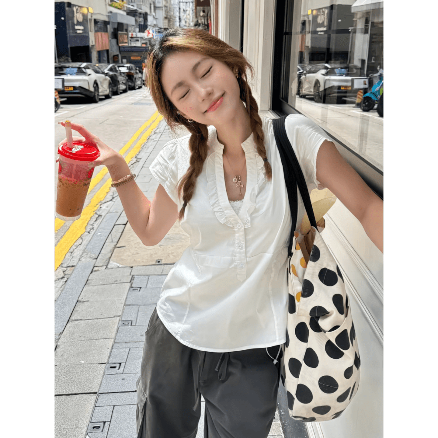 주간 실크 원단 스트랩 한 부서 레이스 v 칼라 흰 셔츠 거품 소매 허리 수축 다용도 슬림해 보이는 작은 셔츠