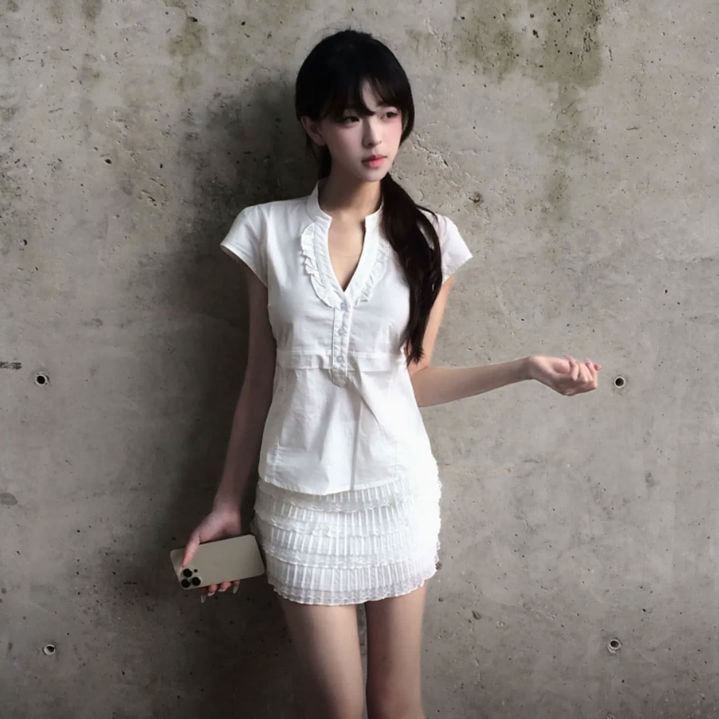 주간 실크 원단 스트랩 소녀 센스 v 칼라 레이스 흰 셔츠 반팔 허리 수축 미니멀리즘 다용도 작은 셔츠