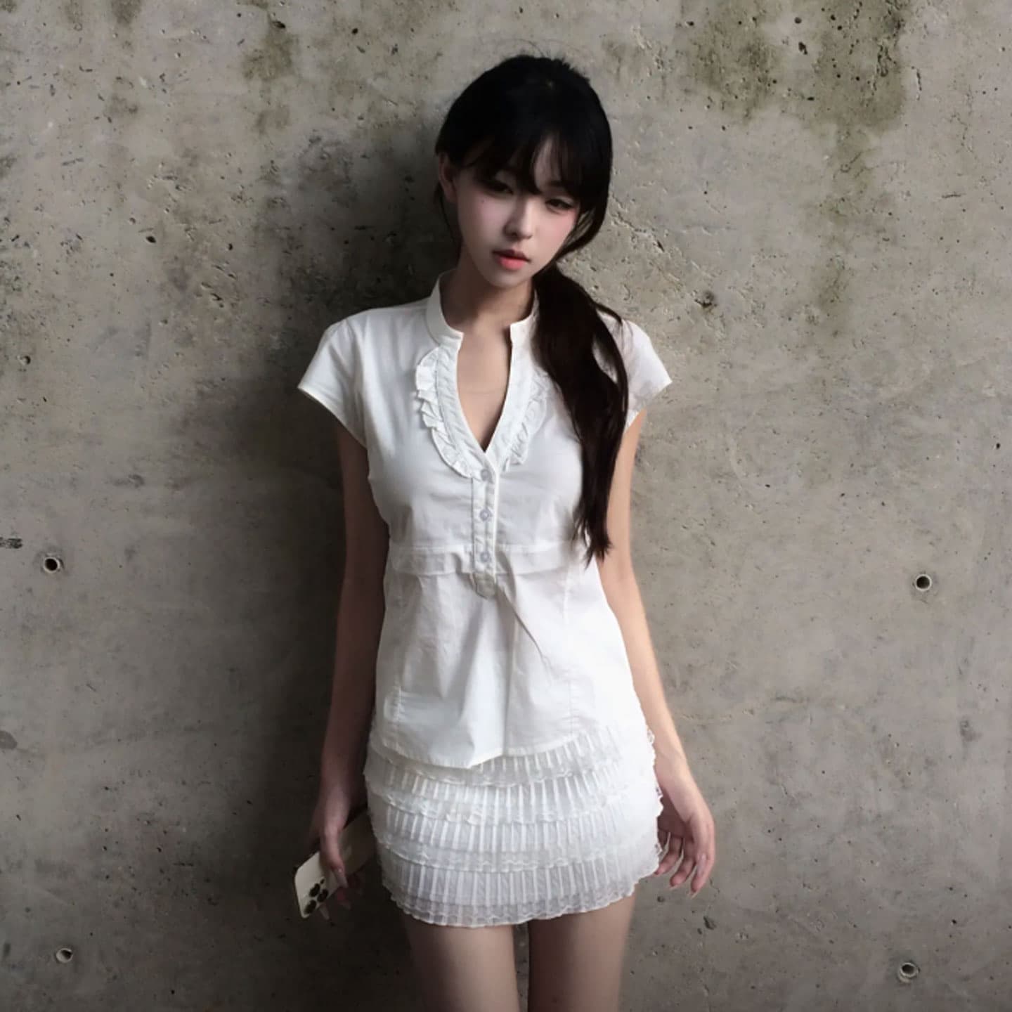 주간 실크 원단 스트랩 소녀 센스 v 칼라 레이스 흰 셔츠 반팔 허리 수축 미니멀리즘 다용도 작은 셔츠 이미지 5