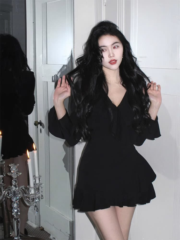 nininio 촛불 저녁 식사 V넥 니트 여성 드레스 프릴 나팔 소매 몸매 가꾸기 프랑스식 작은 검은 색 치마 상세 이미지 6